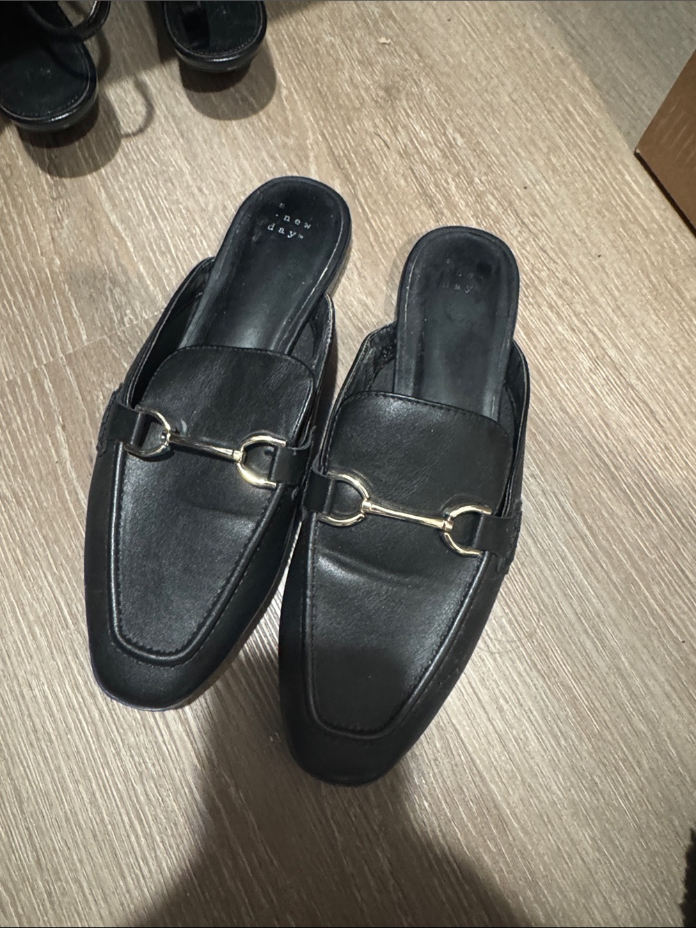 a new day Black Leather Slip-On Mules with Gold Bit